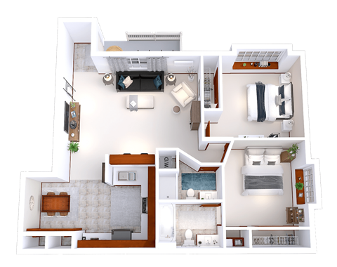 Floor plan for 2 beds, 2 baths, 1040 sqft